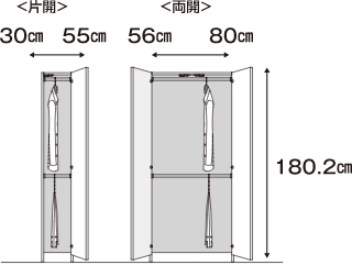 片開は30㎝〜55㎝、両開は56㎝〜80㎝